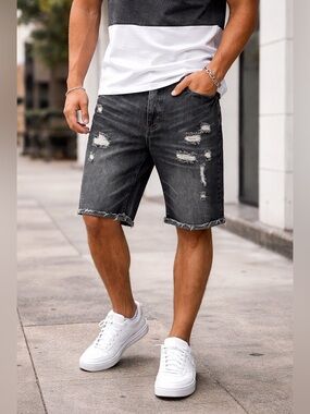 CSG CHAMPS SPORTS MENS DENIM SHORTS BLACK WASH DISTRESSED RIPPED